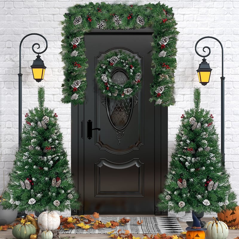 Pre-lit Artificial Christmas 4-Piece Set,Garland, Wreath and Set of 2 Entrance Trees