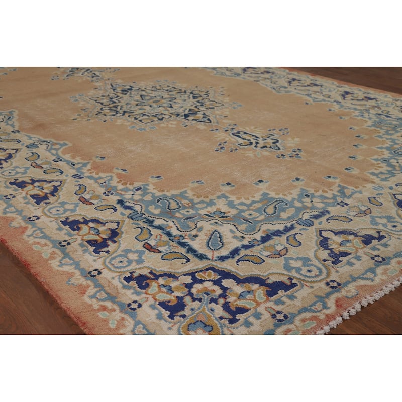 Orange Kerman Vintage Persian Area Rug Hand-Knotted Wool Carpet - 7'0" x 9'10"