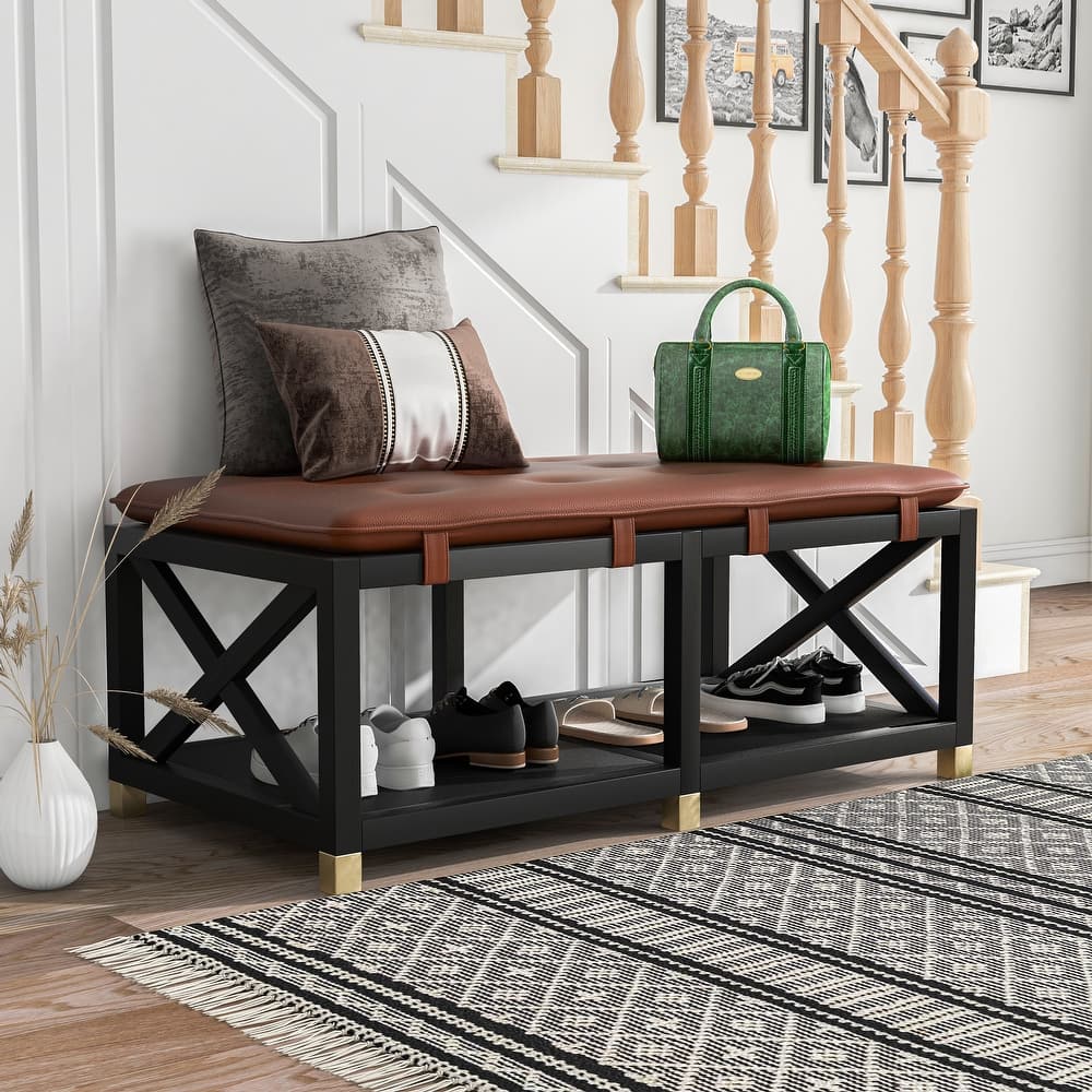 Transitional Wood Storage Bench with Removable Faux Leather Cushions by Furniture of America