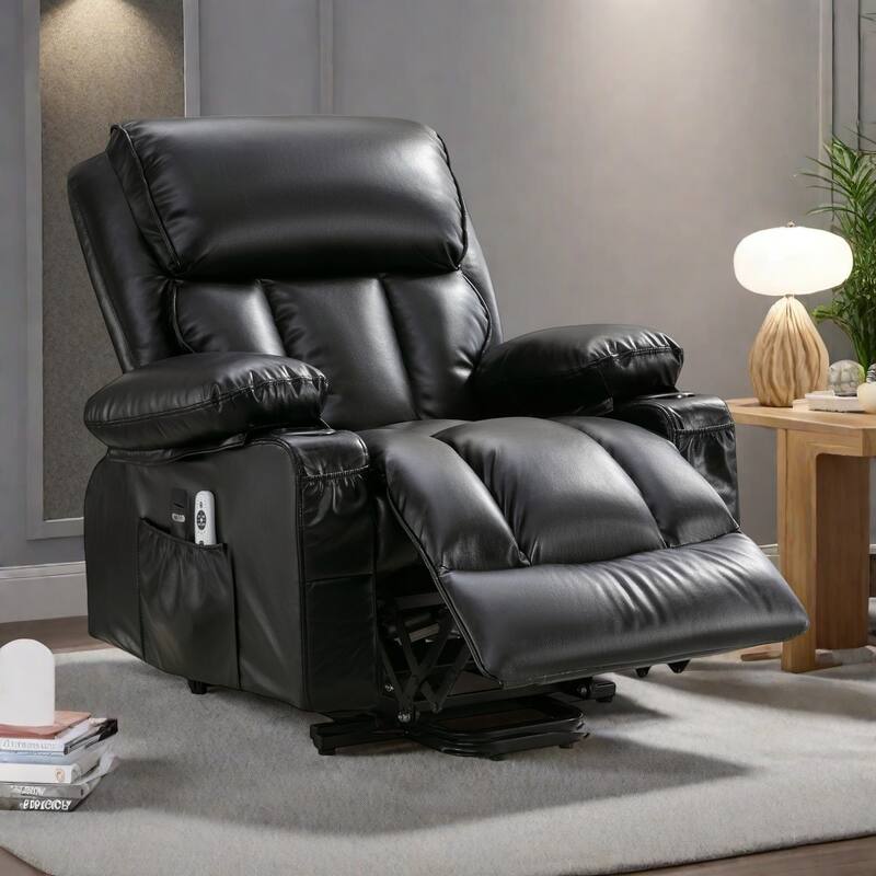 Power Lift Faux Leather Recliner Chair with Massage, Heat, USB Port, and Dual Storage Pockets - Black