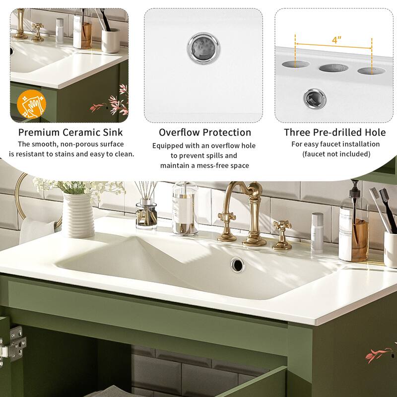 30-Inch Farmhouse-Style Bathroom Vanity with Ceramic Basin, Soft-Close Door, Customizable Shelf & Olive Green Storage Cabinet‌