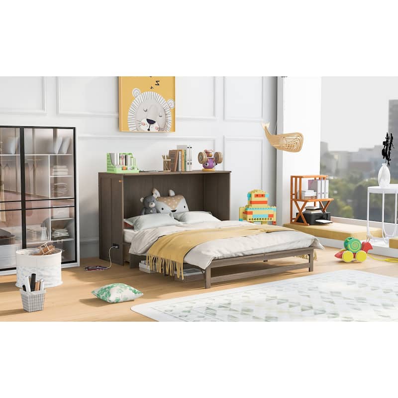 Grey Antique Queen Murphy Bed in Pine Wood with Charging Station and Storage Drawer
