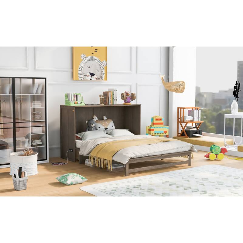 Queen Size All-in-One Murphy Bed w/ Charging Station Upholstered Bed & USB Port Platform Bed Frame, Space-Saving, Easy Assembly