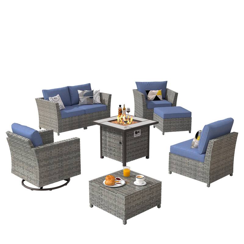 XIZZI 8-piece Outdoor Furniture Wicker Sofa Set with Fire Pit