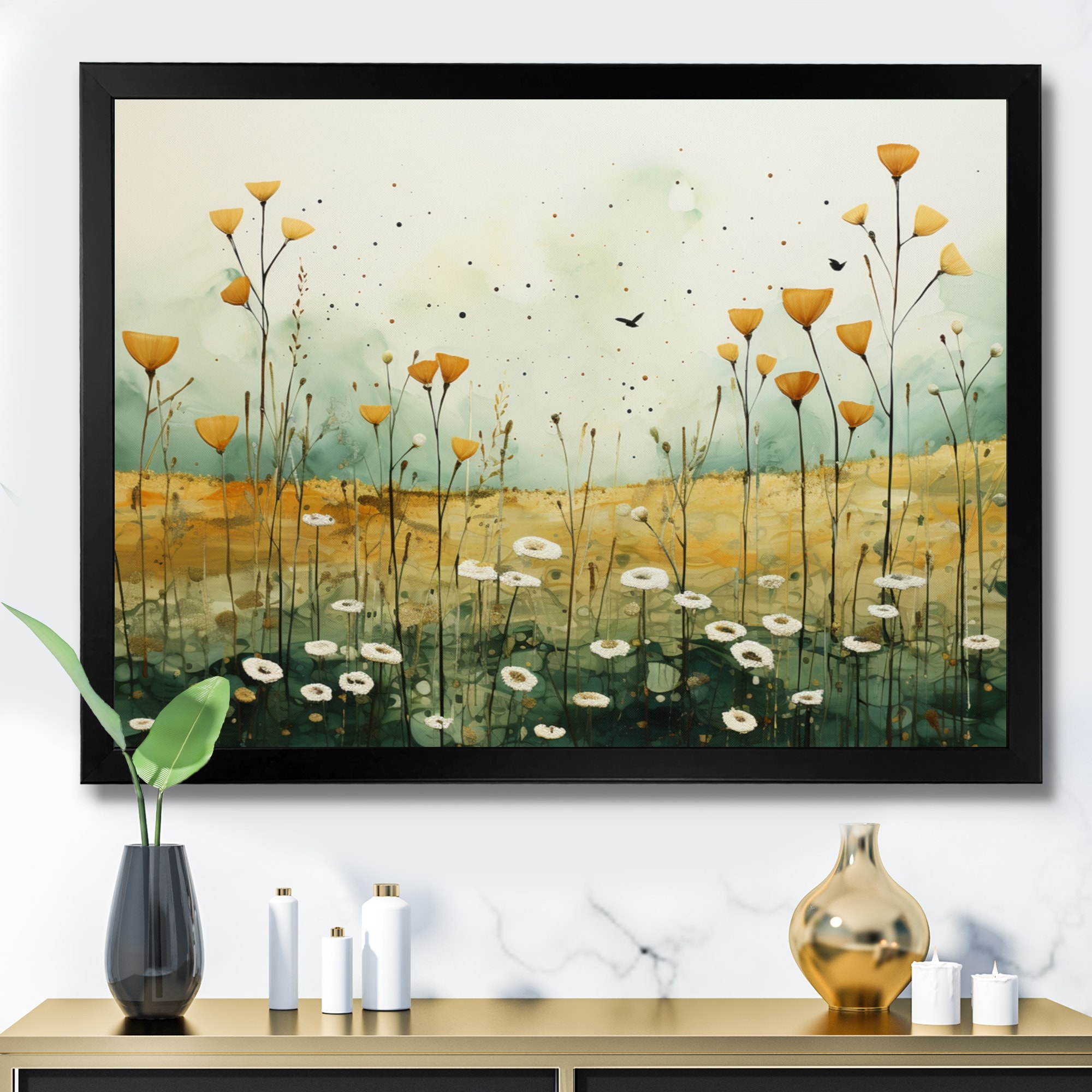 Designart "Whispering Meadows I" Abstract Collages Framed Canvas Wall Art
