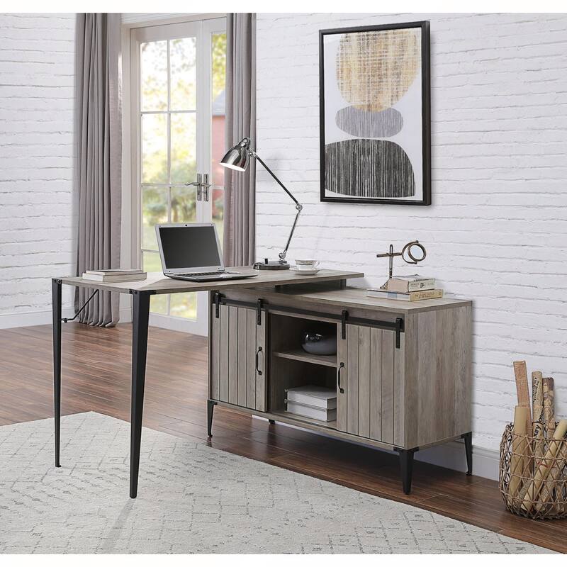 L-Shape Writing Desk with Side Cabinet - Black and Grey