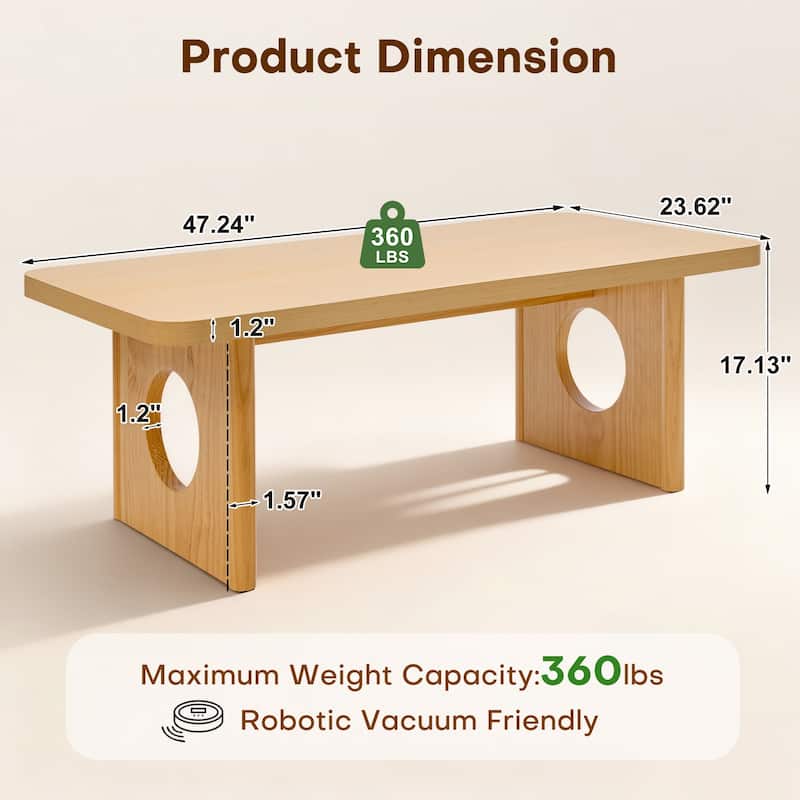 47-Inch Rectangular Center Coffee Table with Solid Pine Wood Legs - 47.24"L x 23.62"W x 17.13"H
