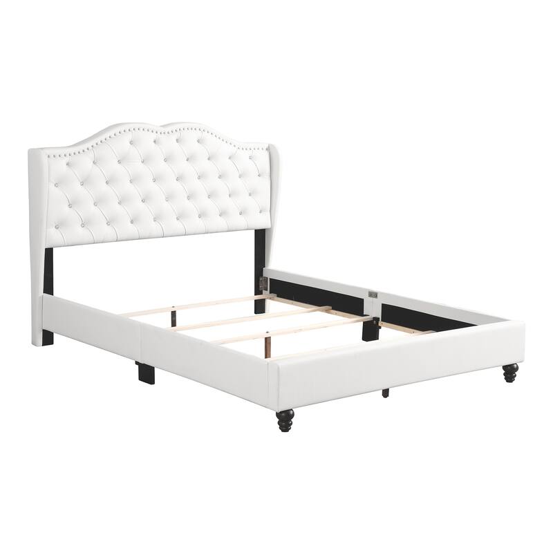 White Tufted Panel Bed - Jewel Wingback Headboard & Wood Frame - Requires Box Spring