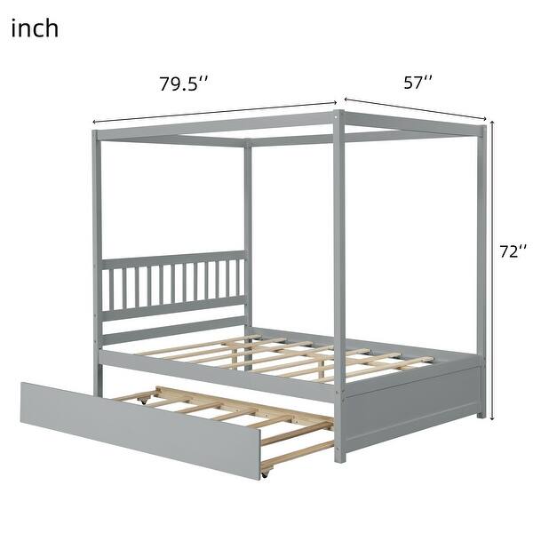 dimension image slide 0 of 2, Nestfair Full Size Canopy Bed with Twin Trundle, Kids Solid Wood Platform Bed Frame w/ Headboard, No Box Spring Needed