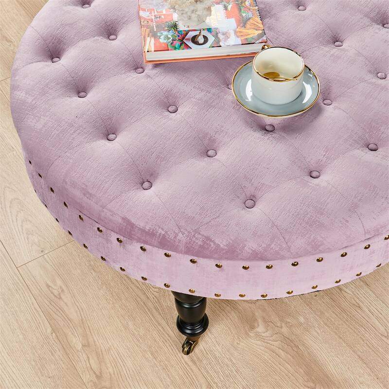 Round Velvet Tufted Coffee Table Ottoman, 34" x 34" x 17" H
