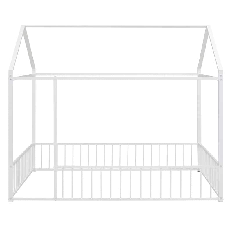 Full Size Metal Bed House Bed Frame with Fence for Kids