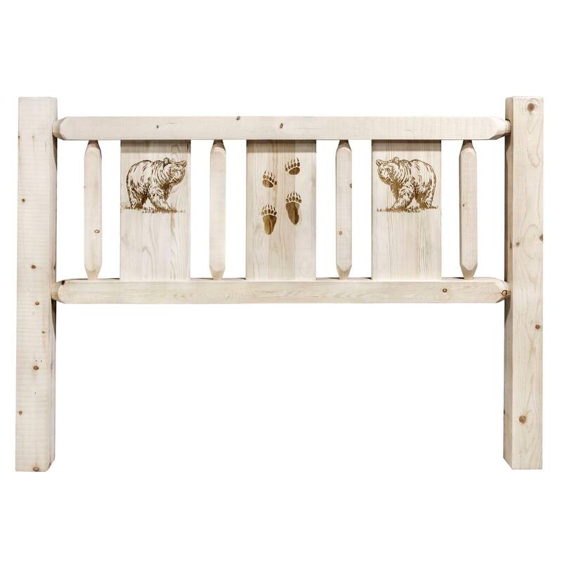 King Size Headboard with Laser Engraved Wolf Design, Clear Lacquer Finish, Sturdy Lodge and Wildlife Theme