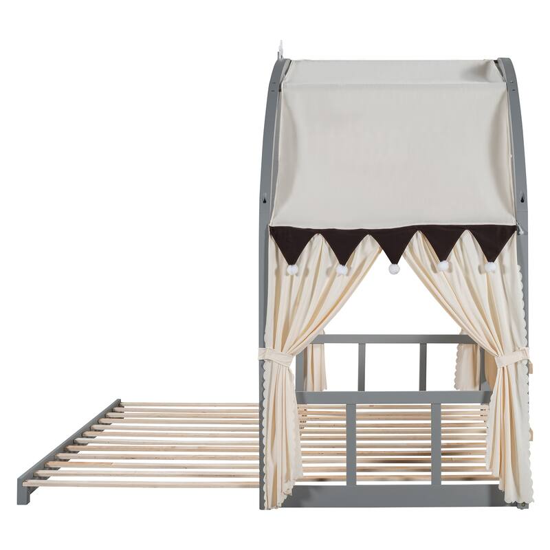 Wood Twin Size Bed Frame with Arched Roof, Floor Bed with Light and Curtain, Pull-out Kids Bed for Girls Boys Bedroom