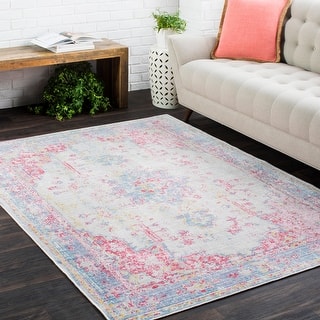 Vintage Distressed Oriental Pink and blue Area Rug - 2' x 3'