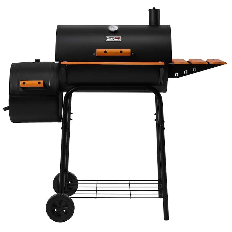 Royal Gourmet Barrel Charcoal Grill with Offset Smoker, 552 Sq.In.Cooking Area, Wooden Front shelf & Side Shelf With Hooks - Assembly Required