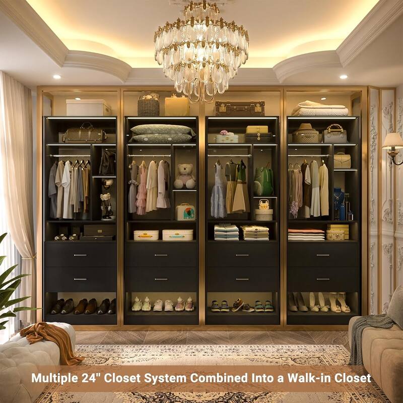 Kyrvo Freestanding 24" Closet System with 2 Wood Drawers,2FT Heavy Duty Walk-in Closet Organizer with 6 Shelves & Hanging Rod