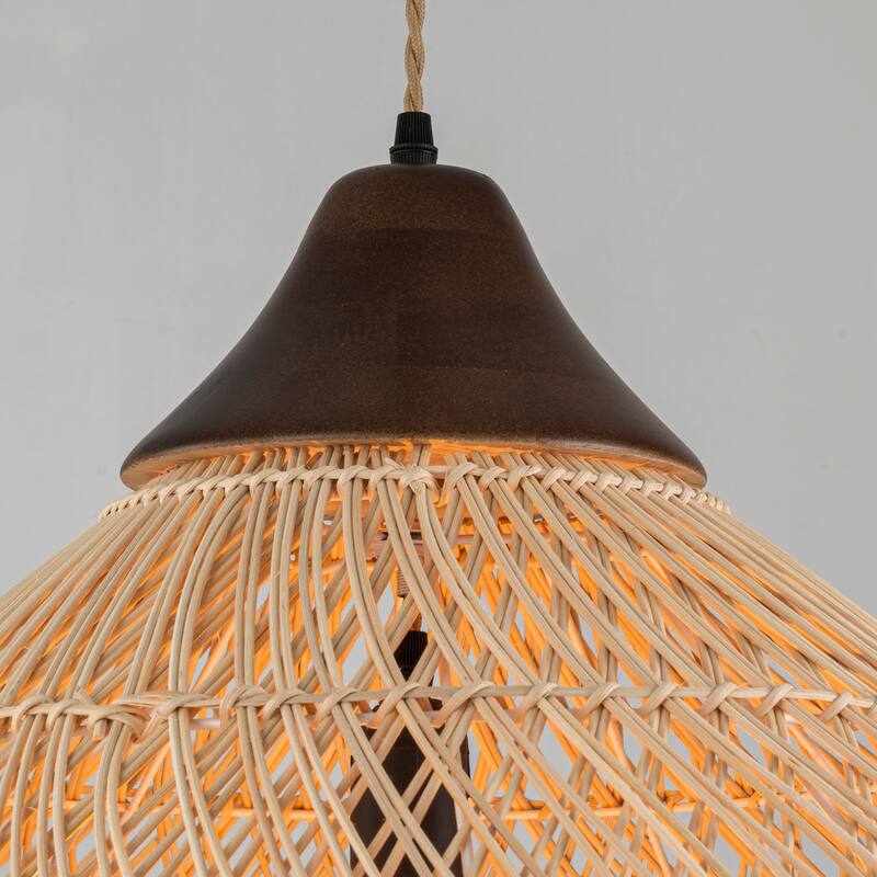 Zula Coastal Large Rattan Pendant Light in Brass Rustic Wood Accent Ceiling Light - 19.7