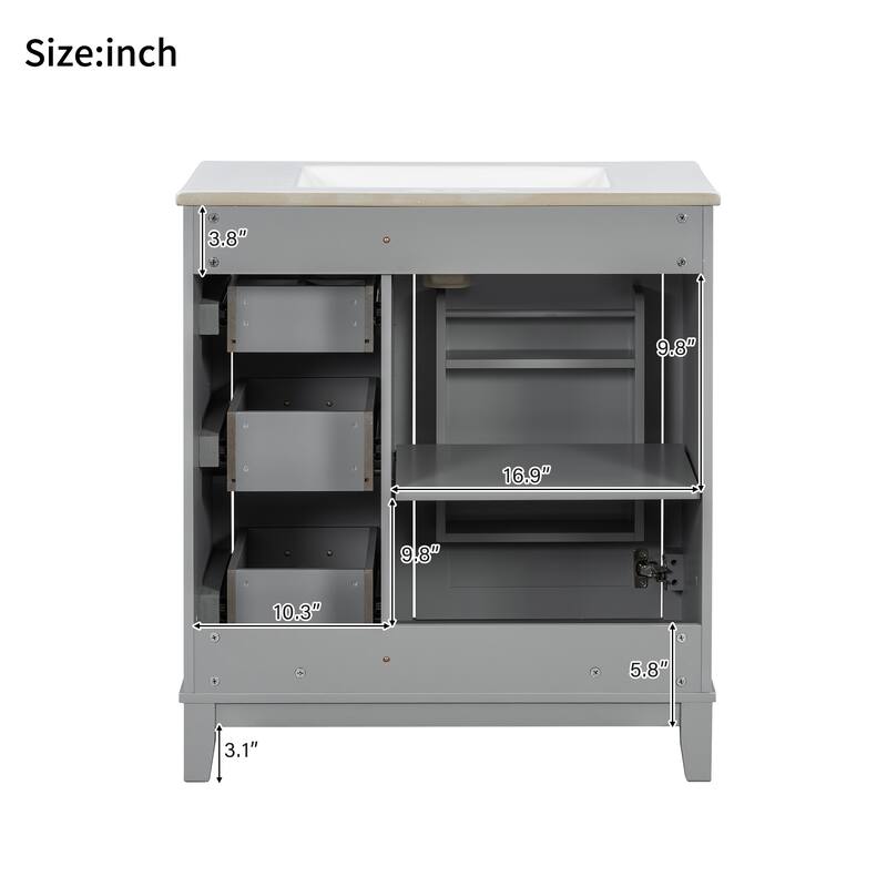 30" Modern Bathroom Vanity with Ceramic Sink - Rubberwood Frame, MDF Panels, 1 Door & 3 Drawers, Double Storage Racks