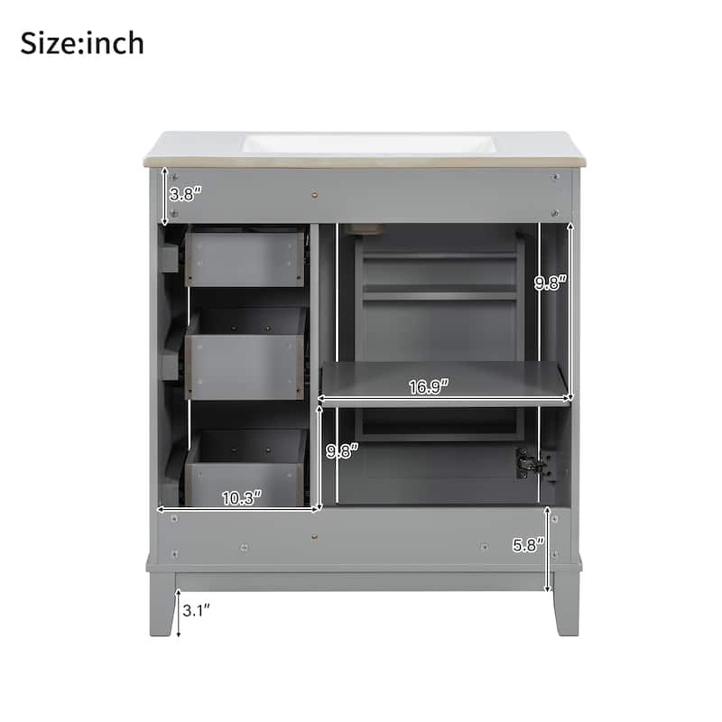 Roomfitters 36" Bathroom Vanity with Ceramic Sink, 4 Drawers, 1 Door, Adjustable Shelf, Solid Wood Frame