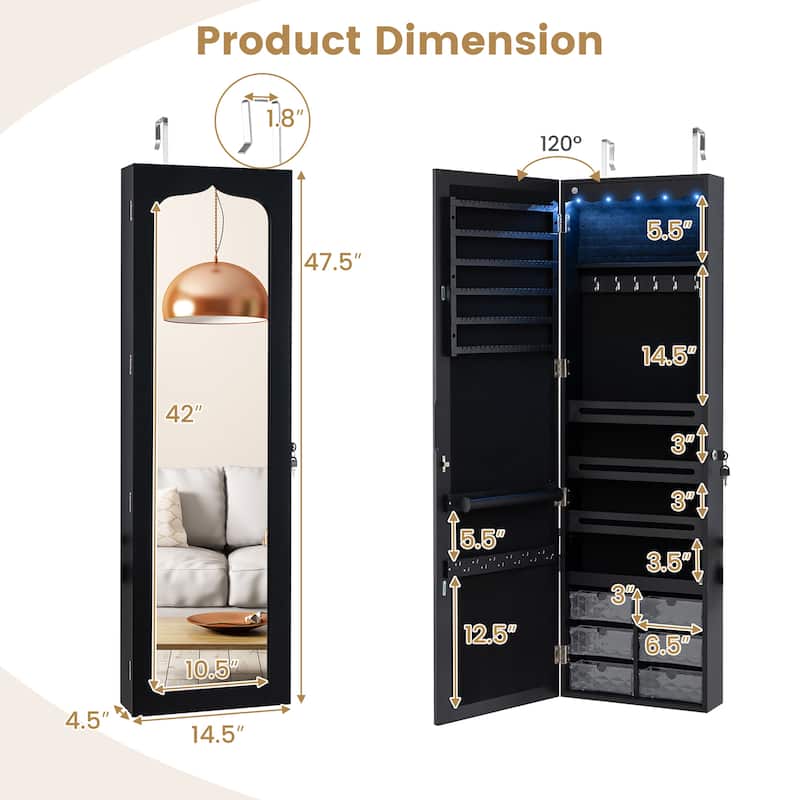 Gymax Jewelry Armoire w/ Full-Length Mirror w/ Built-in LED Lights