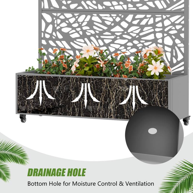 Metal Galvanized Planter Box with Trellis Privacy Screen Lockable Wheels