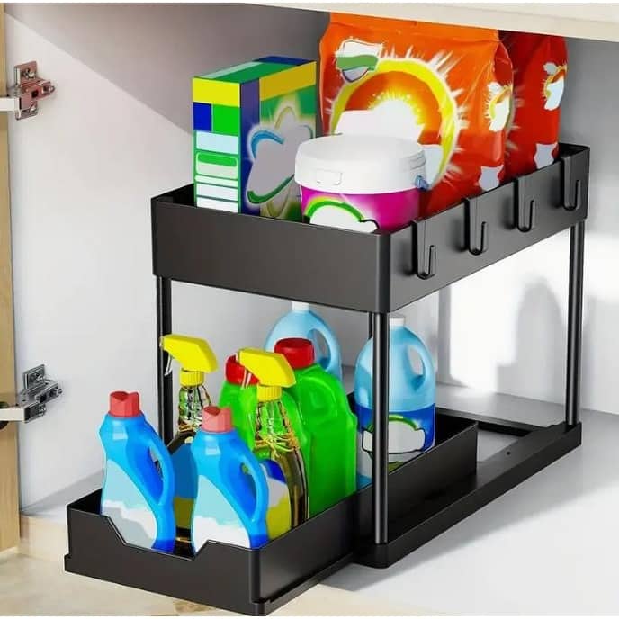 Anmytek 2 Tier Rustproof Under Sink Organizer Extendable Pull Out Storage Shelf for Kitchen Bathroom Cabinet