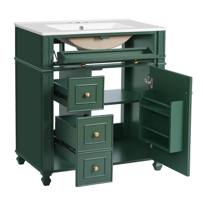 Roomfitters 30 Inch Bathroom Vanity with Ceramic Sink Basin, Soft Close Storage Cabinet & Door Organizer
