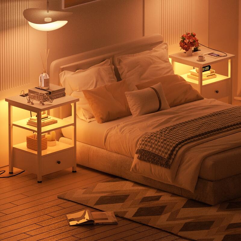 Set of 2 End table with USB Port, Storage Nightstand with Drawer