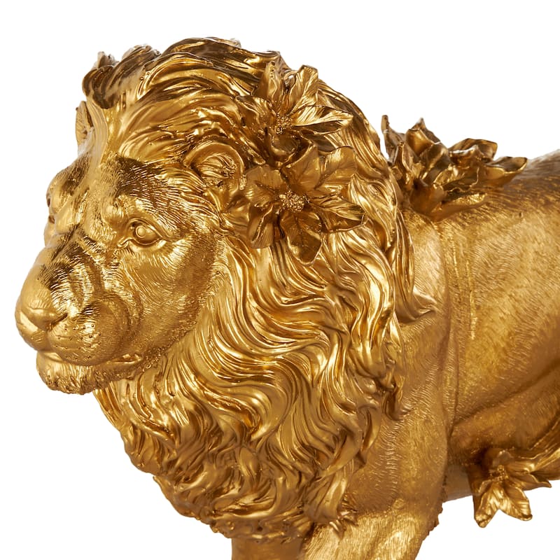 Gold Resin Walking Lion Decorative Sculpture with Floral Accents - 6"W x 18"L x 13"H