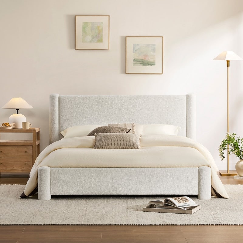 Modern Fully Upholstered Platform Bed Frame with Wide Headboard