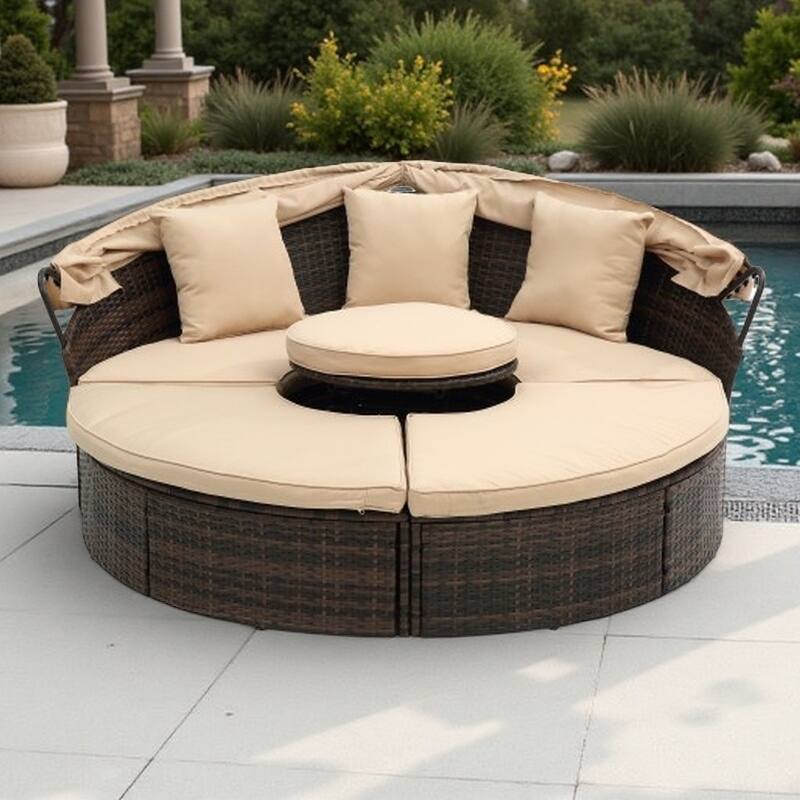 Round Outdoor Rattan Daybed with Adjustable Canopy, with Navy Cushions and Lift Coffee Table - Beige