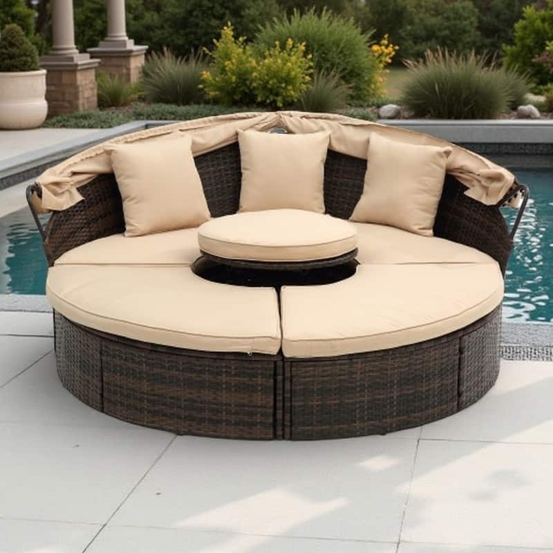 Round Outdoor Rattan Daybed with Adjustable Canopy, with Navy Cushions and Lift Coffee Table