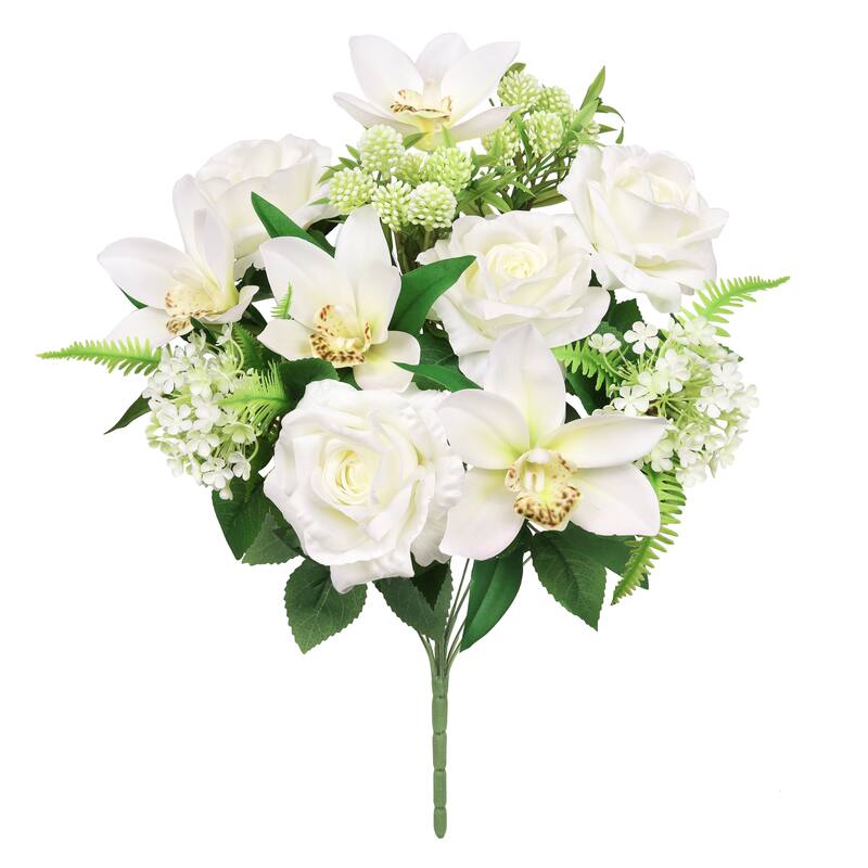 Set of 2 Cream White Artificial Mixed Rose Cymbidium Orchid Snowball Flower Stem Bush Bouquet 19in - 19" L x 12" W x 12" DP