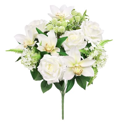 Set of 2 Cream White Artificial Mixed Rose Cymbidium Orchid Snowball Flower Stem Bush Bouquet 19in - 19" L x 12" W x 12" DP