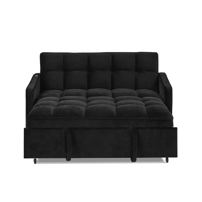 Roomfitters Velvet Loveseat Sofa Bed with Pull-Out Bed, Adjustable Back, USB & Type-C Charging, Arm Pockets