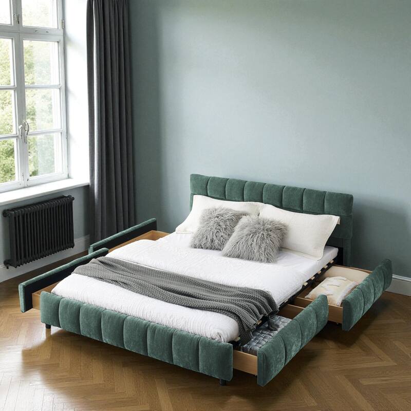 Queen Upholstered Platform Bed with Chenille Fabric, Soft Headboard & Underbed Storage Drawer, Solid Bed Frame