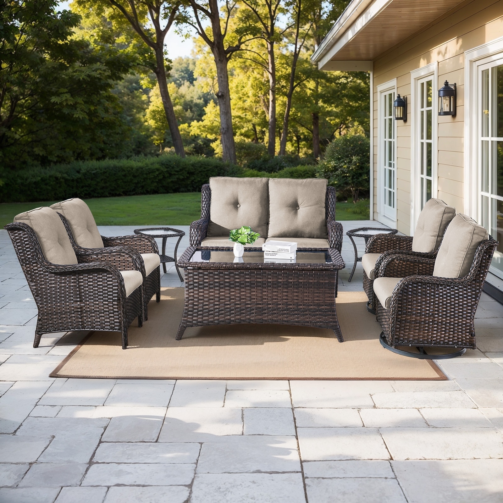 Gymojoy 8-Piece Outdoor Wicker Patio Furniture Set with Swivel Rockers, Loveseat & Side Tables