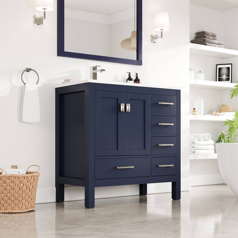 Eviva London 36"W SS Bath Vanity with White Carrara Quartz Top