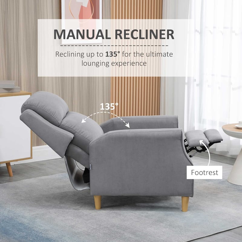 HOMCOM Fabric Recliner Chair, Modern Push Back Reclining Chair, Overstuffed Seating with Footrest, Solid Wood Legs, Gray