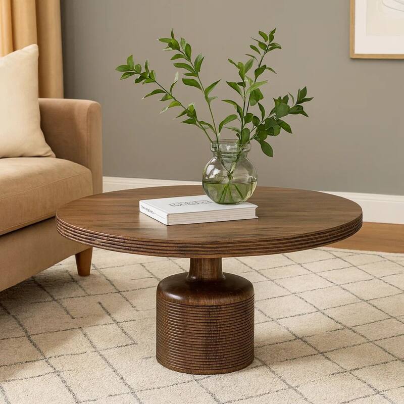 Rise 48 Inch Dining Table, Round Top, Pedestal Base, Rich Brown Wood