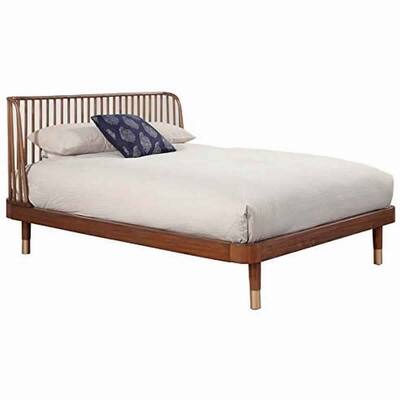 California King Platform Bed with Slat Back Rattan Headboard, Brown