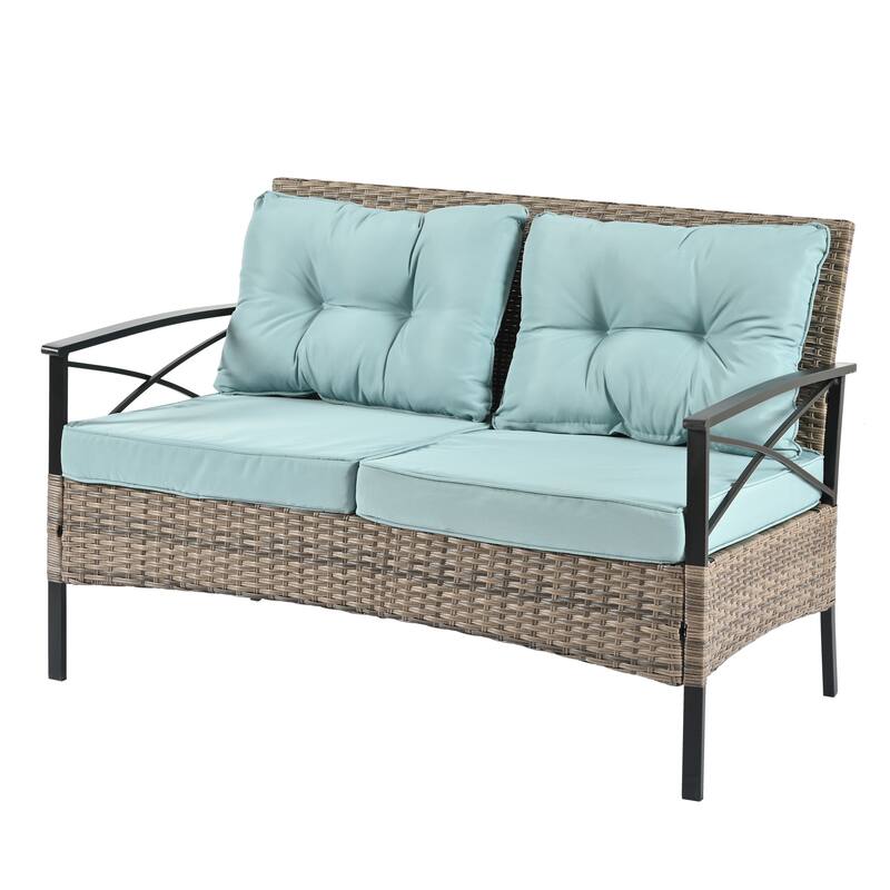 4 PC Outdoor Patio Seasonal PE Wicker Furniture Set w/ Black Metal Table Conversation Set for Lawn, Garden, Backyard