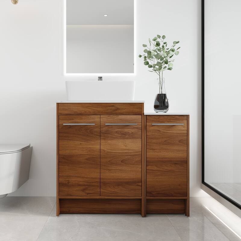 Malwee 24"/36"/48"/60" FreeStanding Bathroom Vanity, Floor Stand Bathroom Vanity with Ceramic Sink,Soft Close Door and Shelf - 35.4"×18.9" - Brown with sink-110