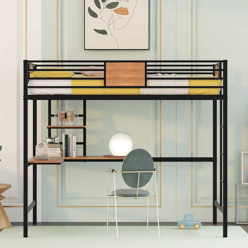 Twin Size Metal Loft Bed with Desk and Shelve for Kids, Teens, Girls, Boys