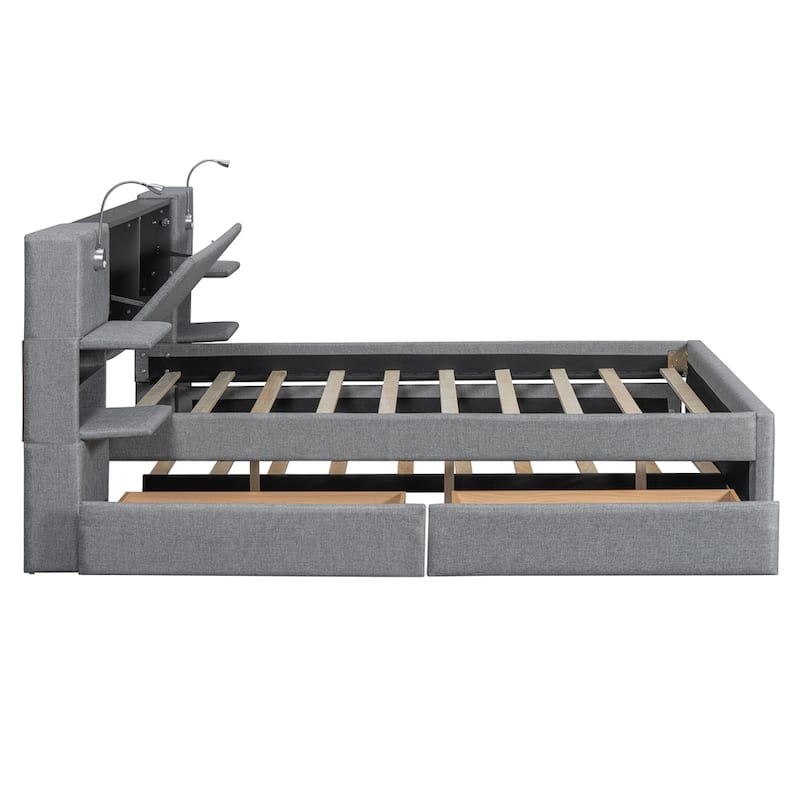 Queen Size Upholstered Platform Bed with Drawers Trundle and Shelves