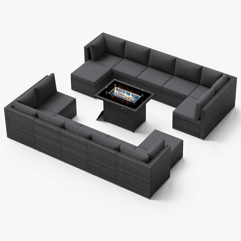 FINCATI 15-Piece Grey Wicker Patio Conversation Sofa Set with Ottomans, 43″ Fire Pit Table - Grey