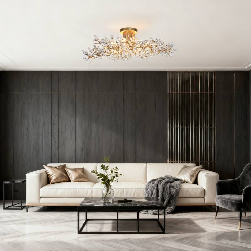 Aureflor 8-Light Antique Gold Foil Crystal Floral Chandelier Semi-flush Mount Ceiling Light - Antique Gold - 31.9" Dia.x9.4"H