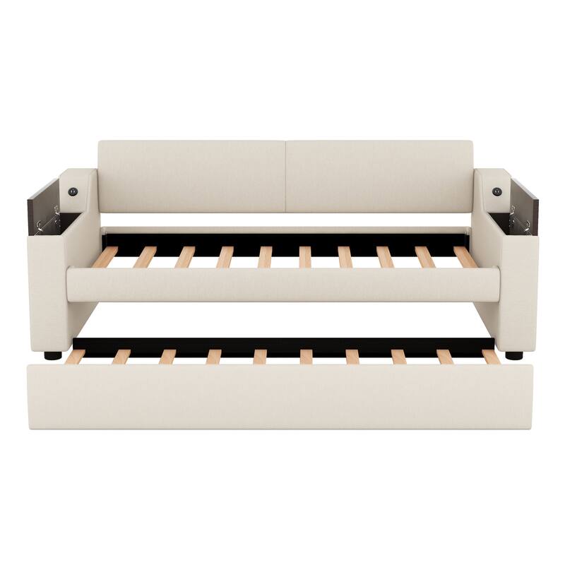 Beige Twin Daybed with Pull-Out Trundle, USB Charging & Storage Arms for Kids' Sleepovers