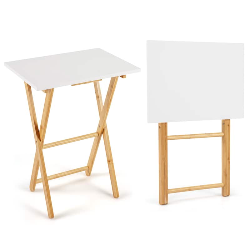 Gymax Folding TV Tray Tables Set of 2 Bamboo Snack Table for Small - White - Wood