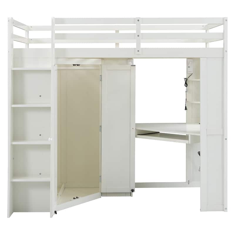 Twin Loft Bed with Integrated Wardrobe, Desk, Charging Station & Spotlights